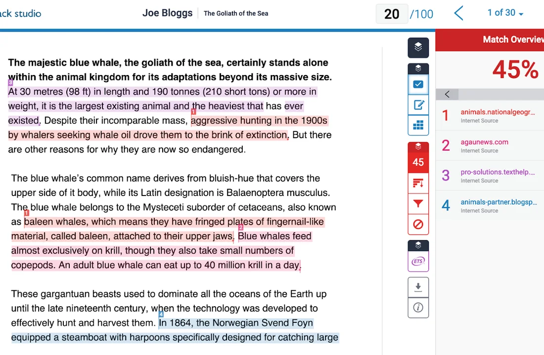 Texto con coincidencias resaltadas en distintos colores en Turnitin