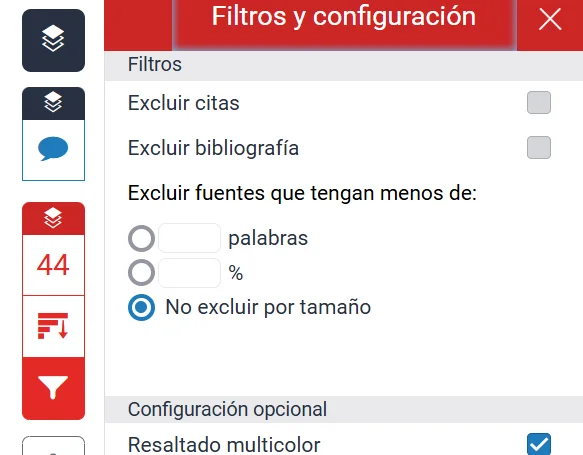 Panel de filtros y configuración de Turnitin